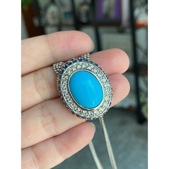 925 Turquoise/Cz/Sapphire Oval Pendant Necklace - Picture 11 of 11